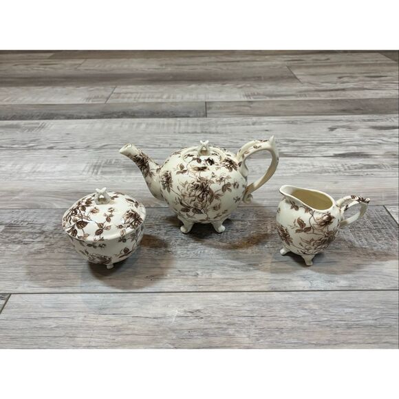 Brown Toile Collection Fine Porcelain Teapot Sugar Bowl and Creamer 3pc - Picture 1 of 14